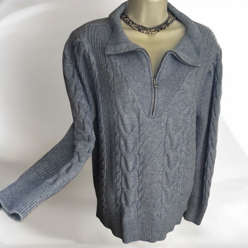 Loft Sweater Size Large Cable Knit, Half Zip, Mock Neck Long Sleeve Pullover EUC